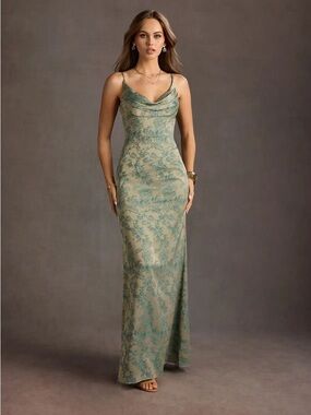 Azazie Sage Green Floral Lace-Print Cowl Slip Maxi Dress